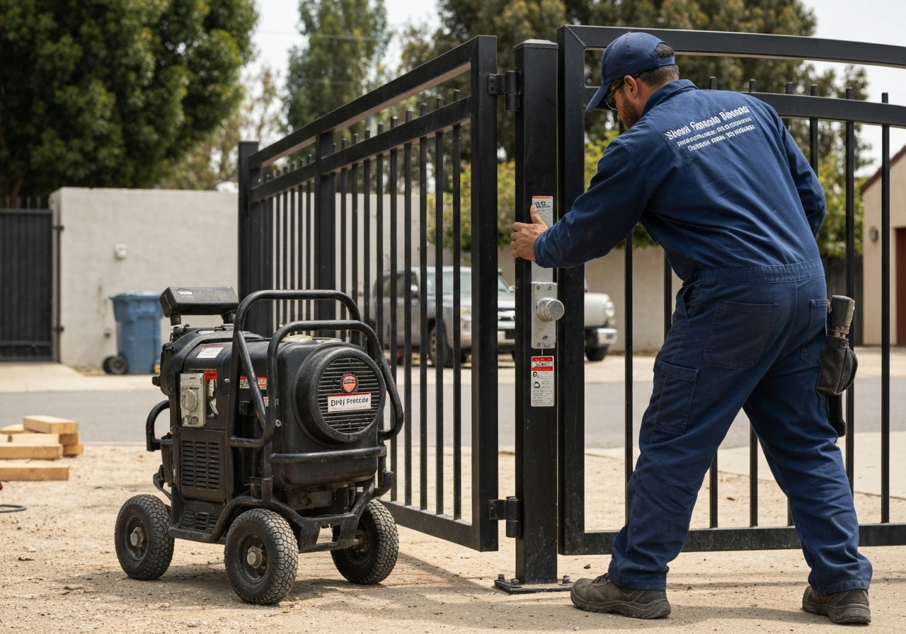 Gate repairman installs black gate, portable generator present.